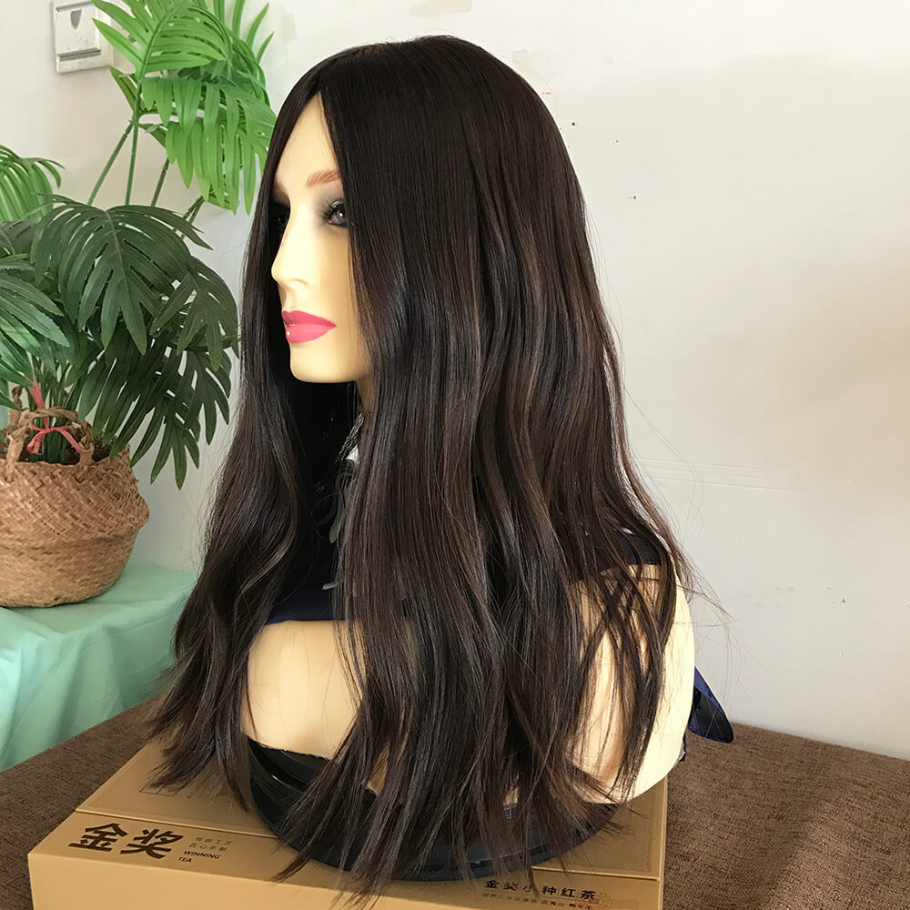 Dark Brown Highlighted Human Hair Wig with Skin Top European hair