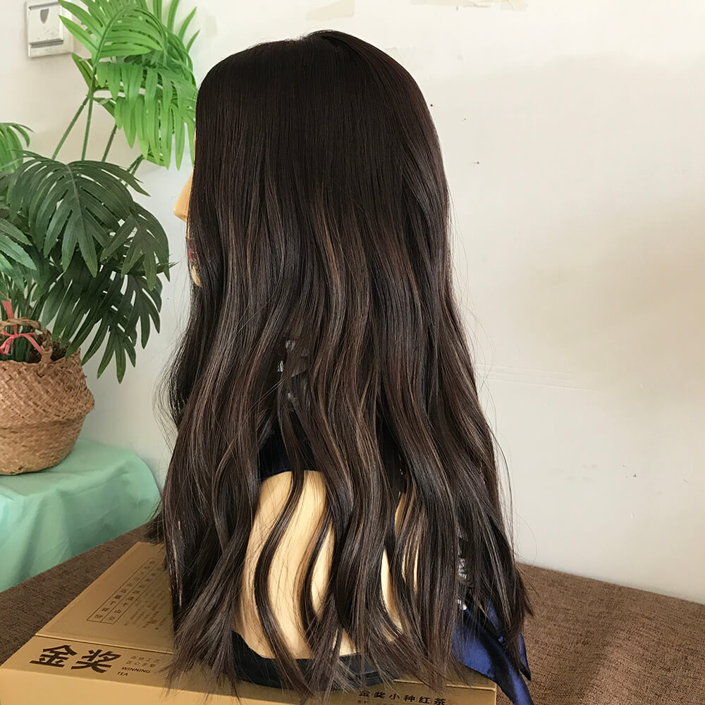 Dark Brown Highlighted Human Hair Wig with Skin Top European hair