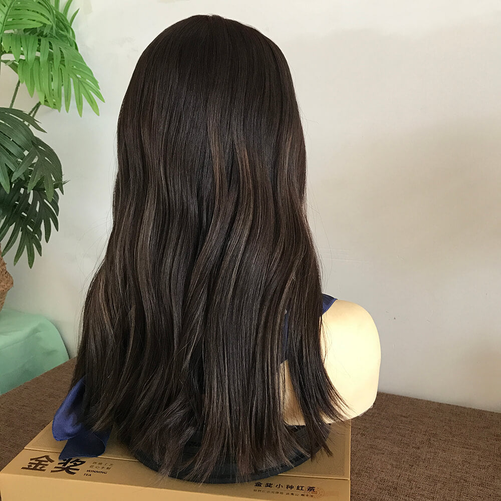 Dark Brown Highlighted Human Hair Wig with Skin Top European hair