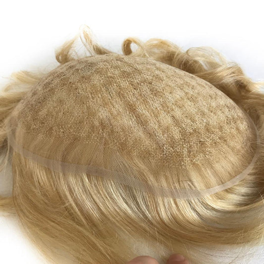 Customized Human Hair Toupee for Men Golden Blonde Hair Color - Double Show Hair