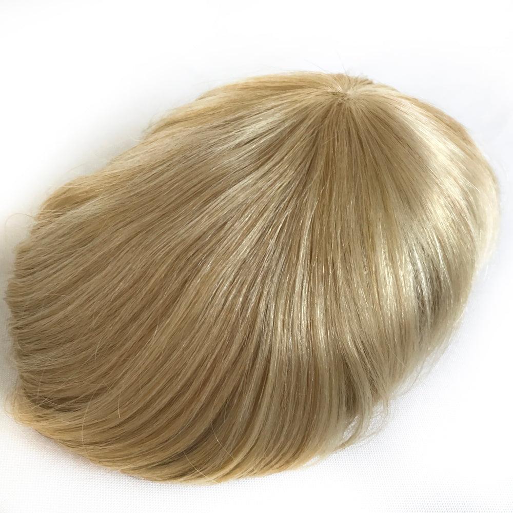 Customized Human Hair Toupee for Men Golden Blonde Hair Color - Double Show Hair