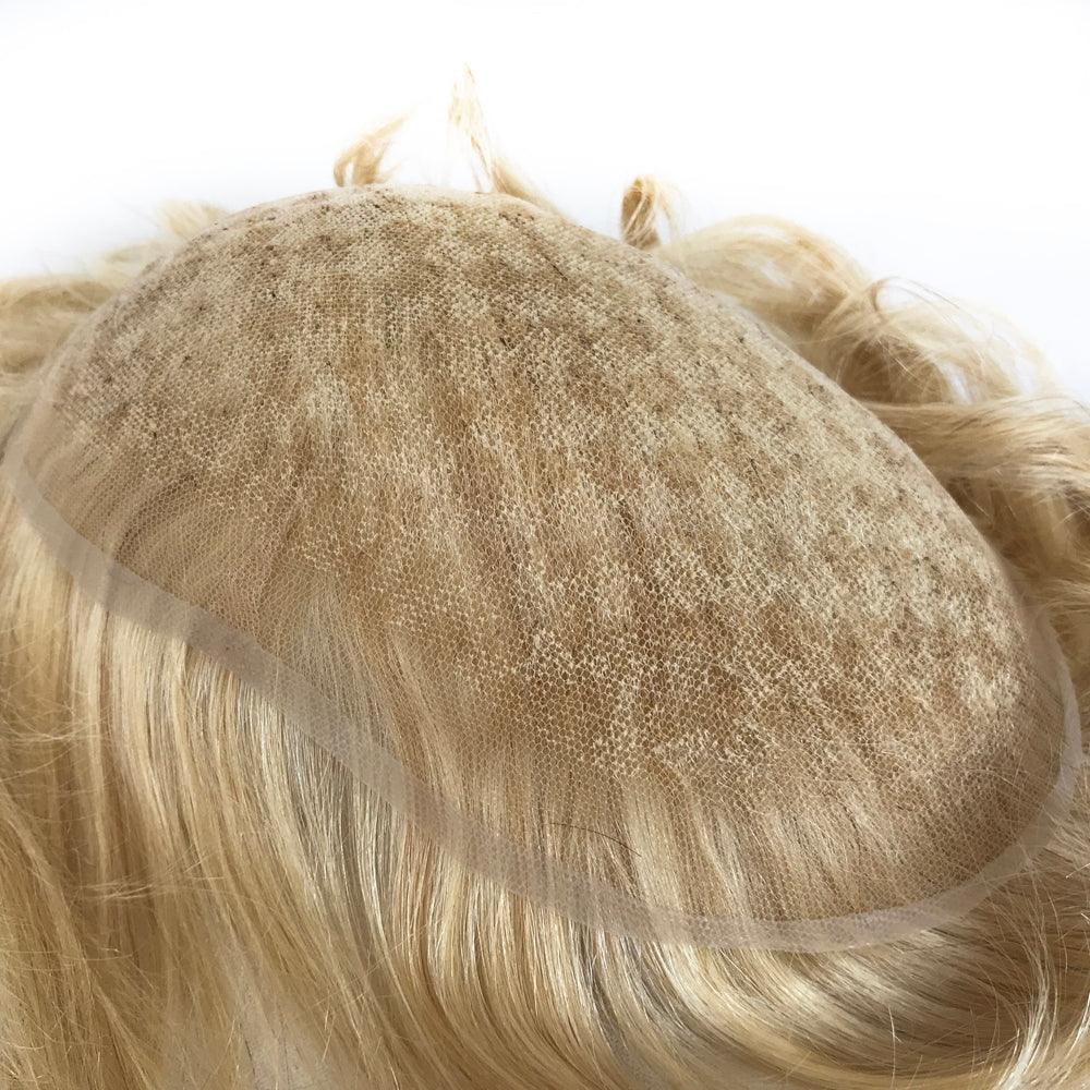 Customized Human Hair Toupee for Men Golden Blonde Hair Color - Double Show Hair