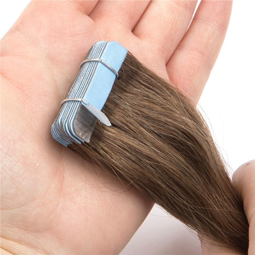 Straight Tape In Human Hair Extensions Machine Brazilan Remy Natural Seamless Skin Weft Hair - Double Show Hair