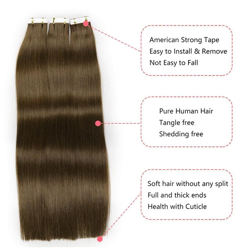 Straight Tape In Human Hair Extensions Machine Brazilan Remy Natural Seamless Skin Weft Hair - Double Show Hair